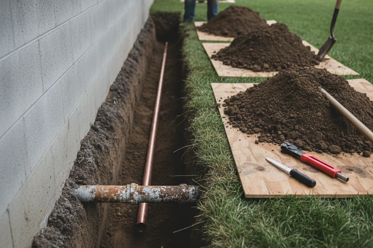 Excavated water line trench during Sewer Line Repair in Felton